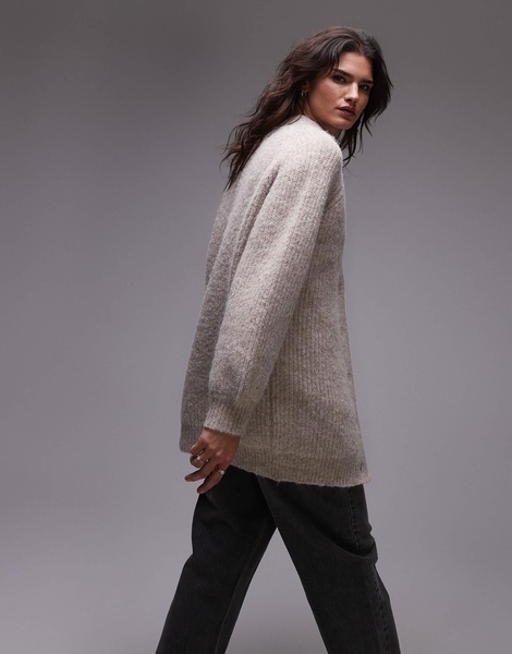 Topshop knitted high v-neck fluffy cardigan dress in oat