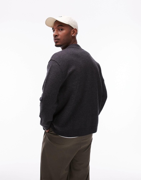ARKET boiled wool oversized cardigan with button front and polo collar in dark gray