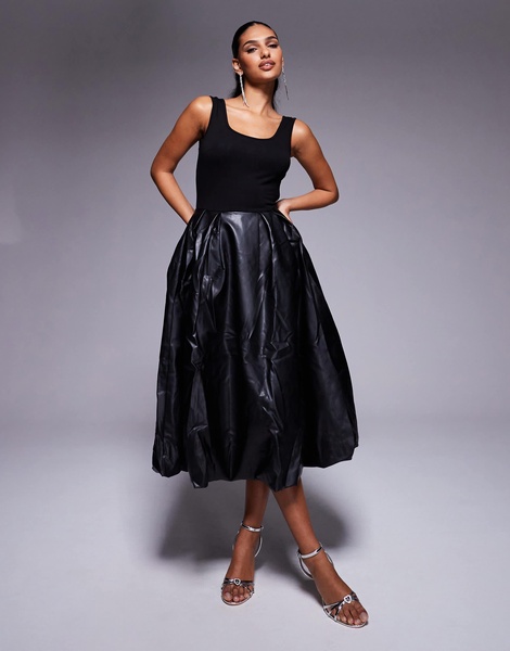 Amy Lynn Alexa scoop back puffball midi dress with PU skirt in black