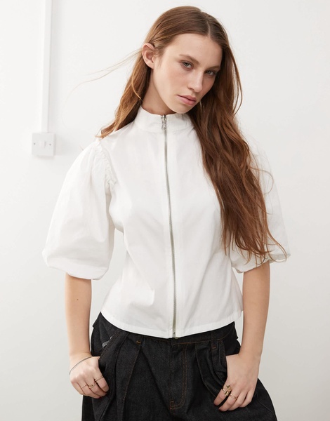 COLLUSION bubble sleeve top with zip detail in white