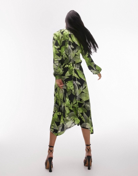 Topshop hanky hem linear floral midi shirt dress in green