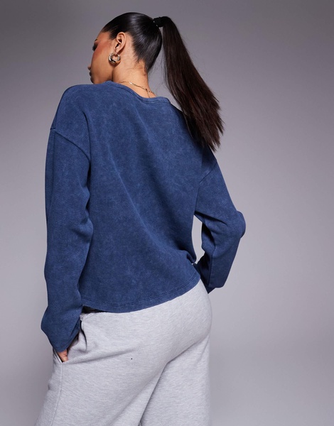 ASOS DESIGN long sleeve waffle boxy tee in washed navy