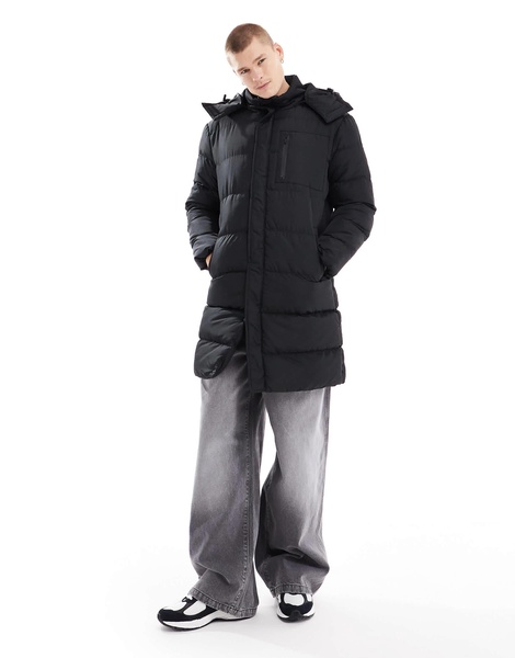 Brave Soul longline puffer jacket with detachable hood in black