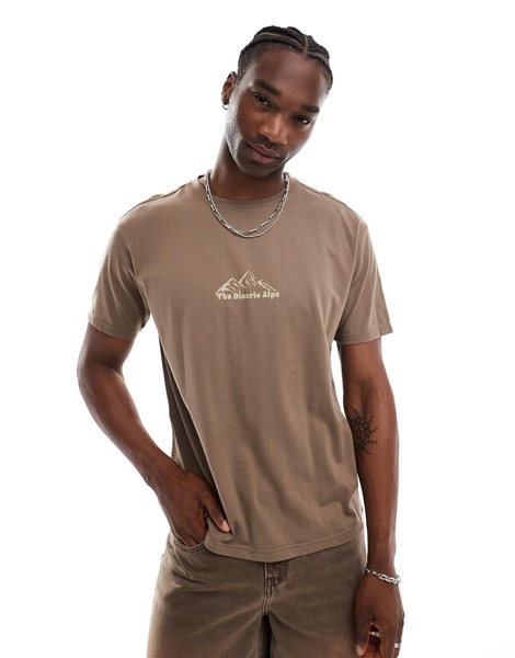 Another Influence mountain range slogan boxy t-shirt in washed tan