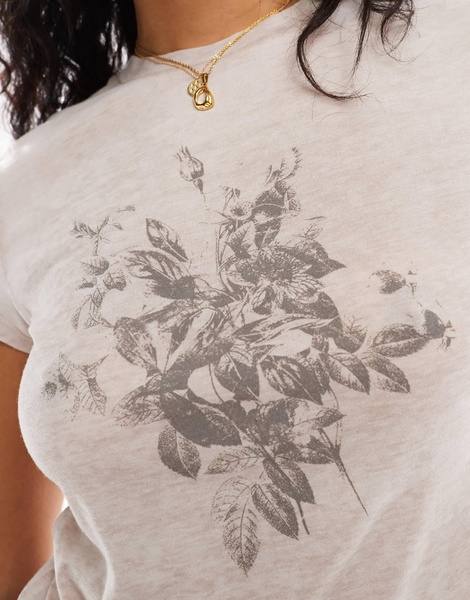 ASOS DESIGN burnout baby tee with floral graphic in taupe