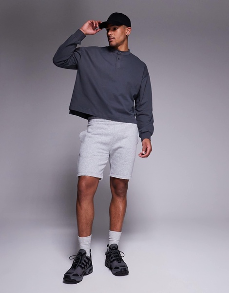 ASOS DESIGN heavyweight oversized boxy long sleeve henley t-shirt with step hem in charcoal
