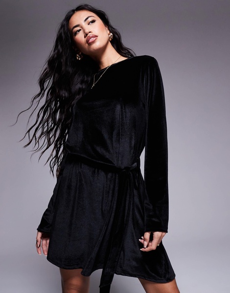 ASOS DESIGN velvet corduroy tie waist mini dress in black