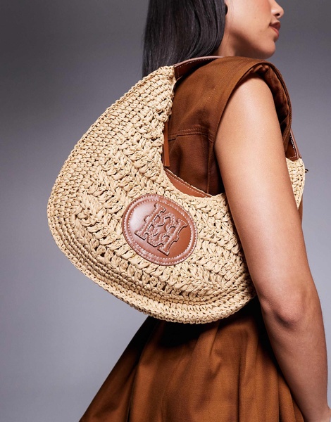 River Island scooped raffia shoulder bag in beige