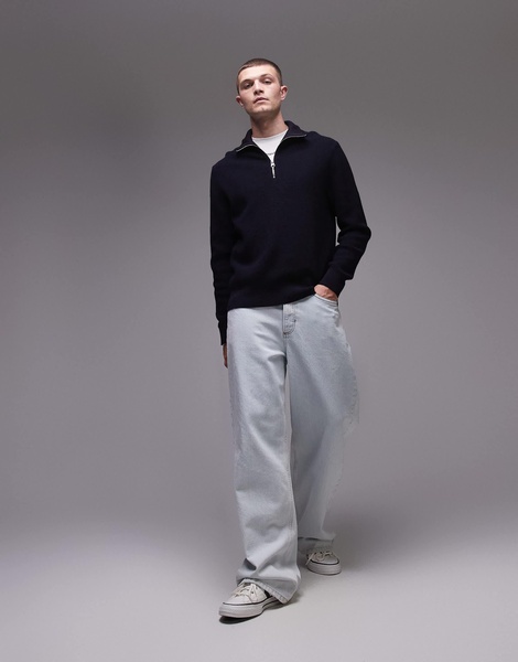 ARKET wool blend chunky ribbed sweater with half zip funnel neck in blue