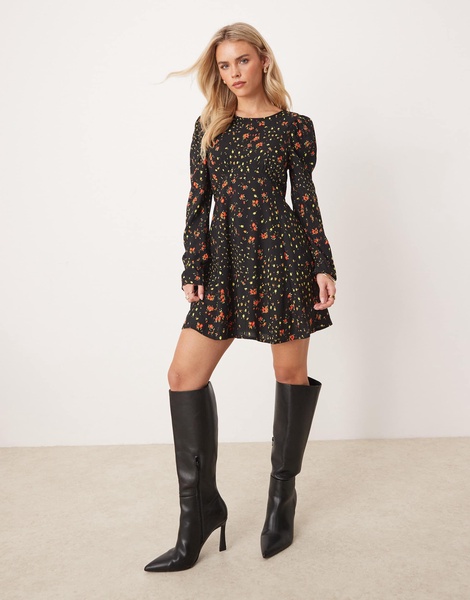 Miss Selfridge Petite ribbon detail tea dress in black floral print
