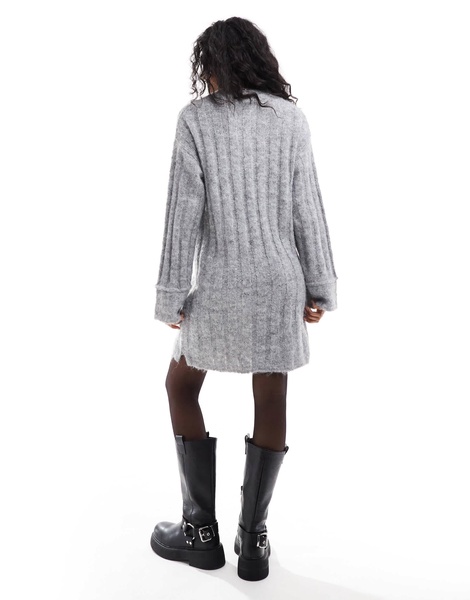 Pieces knitted mini dress with wide sleeves in medium gray melange