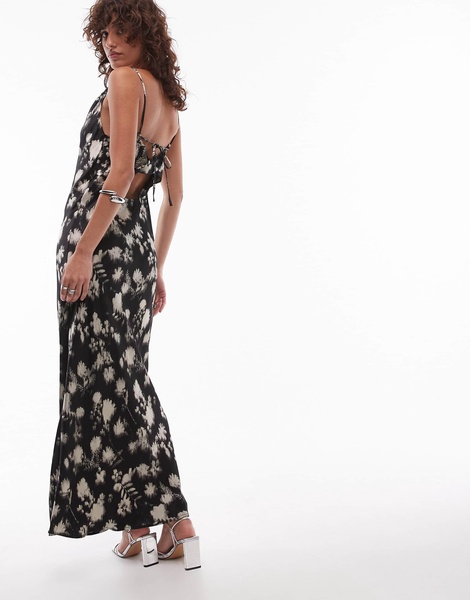 Topshop twist back cowl neck midi slip dress in mono floral satin