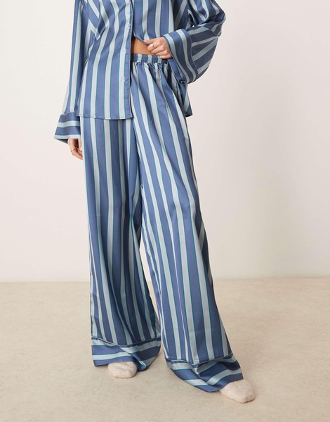 ASOS DESIGN oversized satin stripe shirt and pants pajama set in blue stripe