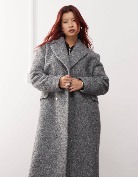 Monki textured long double breasted coat in gray