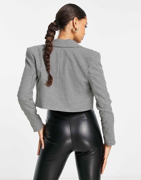River Island Petite dogtooth crop blazer in black