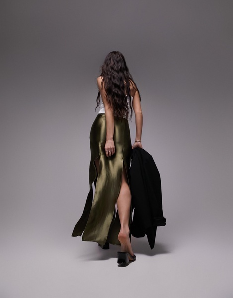 Topshop spliced split satin midi skirt in olive