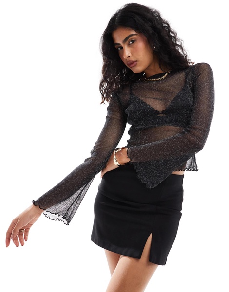 ASOS DESIGN glitter mesh sheer angel sleeve top in black