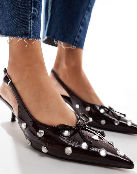 ASOS DESIGN Sriracha embellished slingback mid heeled shoes in burgundy