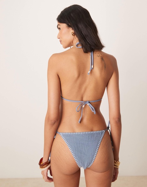 Stradivarius stitch detail bikini top in baby blue