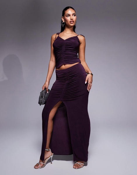 ASOS DESIGN slinky ruched front maxi skirt with front split in blackcurrant - part of a set