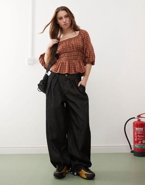 COLLUSION bubble sleeve smock top in red check