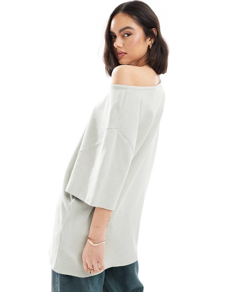 ASOS DESIGN waffle knit off the shoulder relaxed t-shirt in washed sage