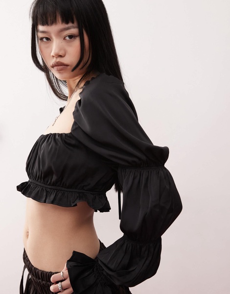 Monki satin ruched puff long sleeve crop top in black