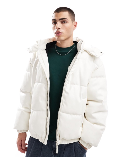 Bershka detachable hooded faux leather puffer in white