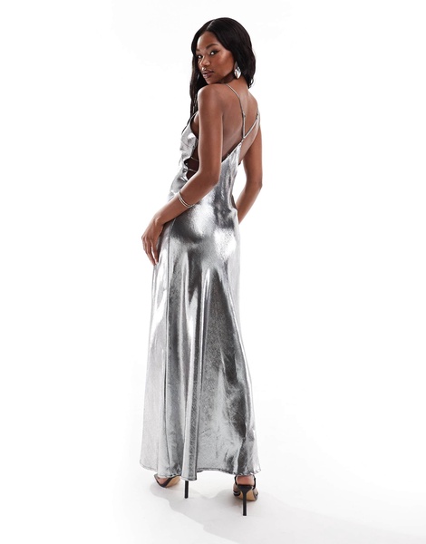 Aria Cove textured satin plunge cami strappy back maxi dress in gunmetal