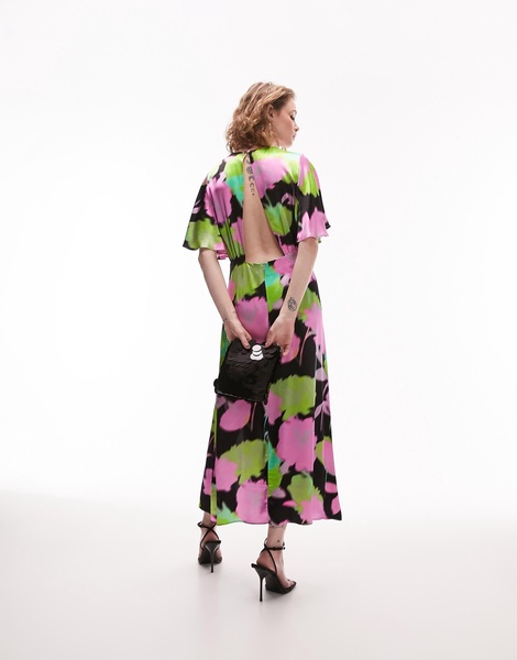 Topshop Austin bold floral print angel sleeve midi occasion dress in multi