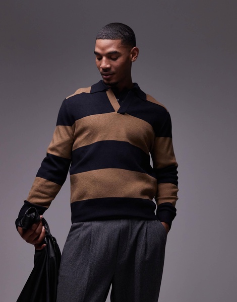 Mango rugby polo shirt in brown & navy stripe