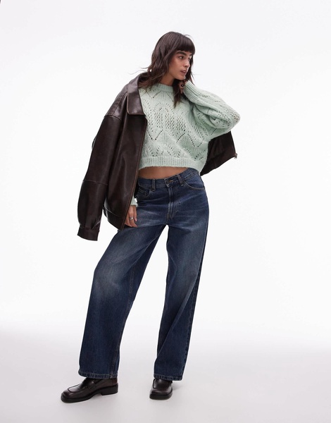 NA Topshop knitted crop pointelle sweater in light green