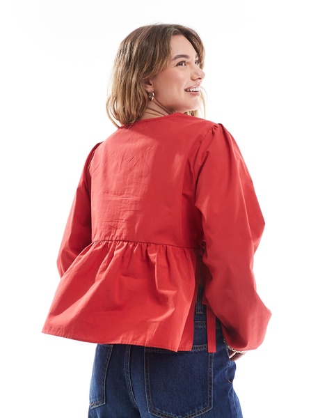 ASOS DESIGN poplin tie side smock blouse in red