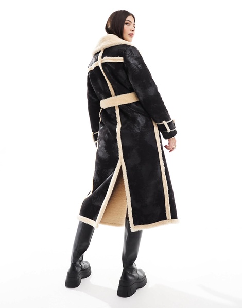Miss Selfridge borg contrast belted maxi wrap coat in black