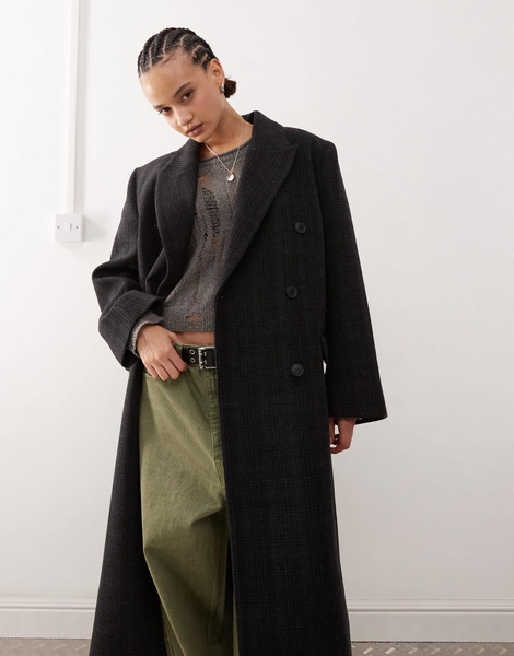 Weekday Logan wool blend oversized double breasted coat in black check