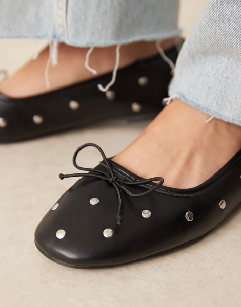 ASOS DESIGN Wide Fit Lynette high vamp studded ballets in black