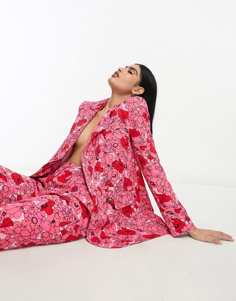 ASOS DESIGN poppy printed oversized double breasted suit blazer with linen in pink