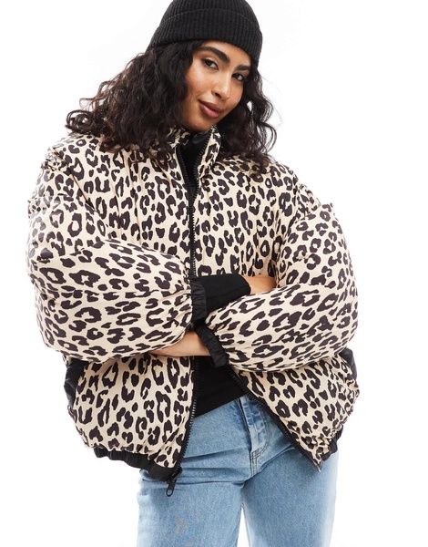 Bershka reversible padded jacket in black & leopard print