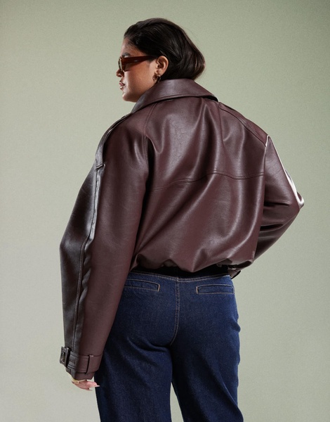 ASOS DESIGN Curve leather look bomber trench coat in chocolate