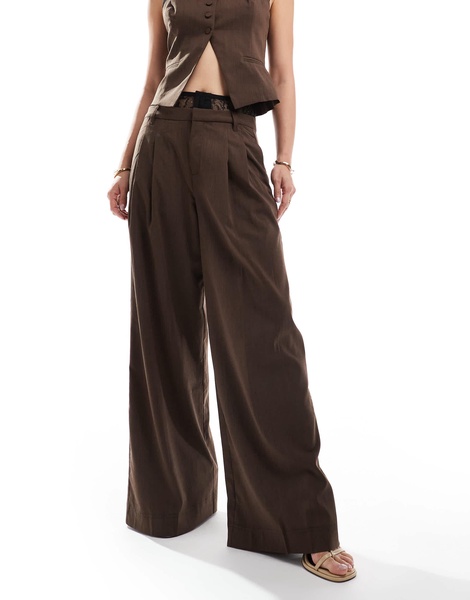 Bershka oversized wide leg tailored pants in brown