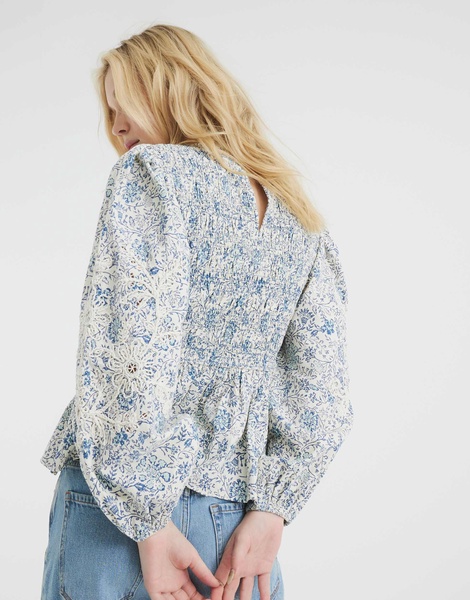 River Island long sleeve shirred top in blue