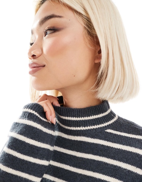 Pieces high neck sweater in gray blue stripe - part of a set