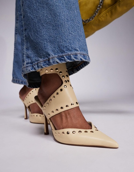 ASOS DESIGN Power studded high heeled shoes in buttermilk