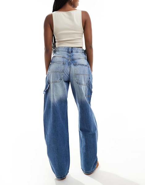 Bershka adjustable waist carpenter jeans in mid wash blue