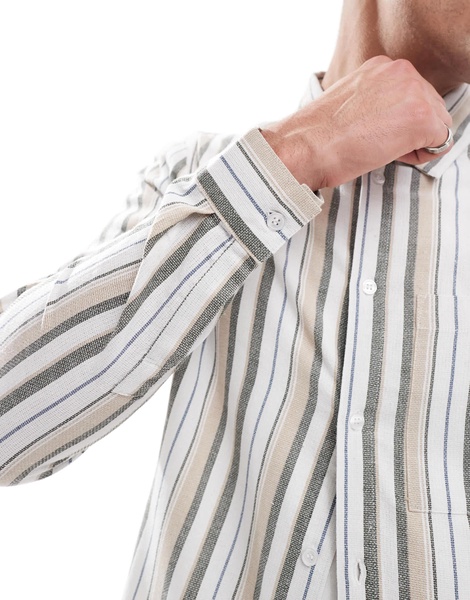 Another Influence striped patch pocket shirt in brown