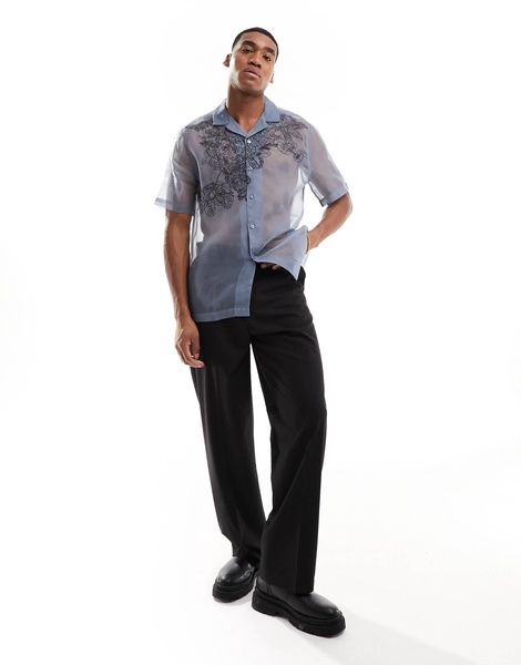 ASOS DESIGN relaxed camp collar shirt with floral embroidery in blue