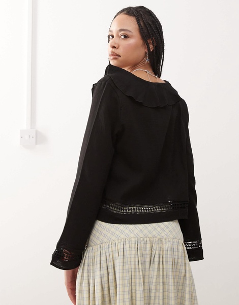 Reclaimed Vintage frill neck boho top with fluted sleeves