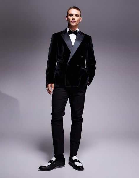 ASOS DESIGN slim double breasted tuxedo jacket in black velvet