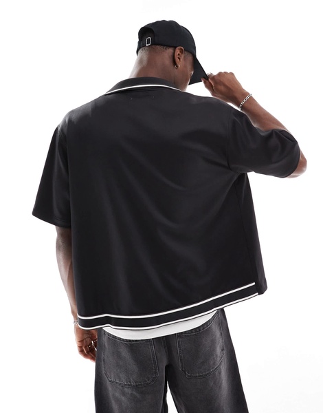 Bershka sports tipped collar shirt in black