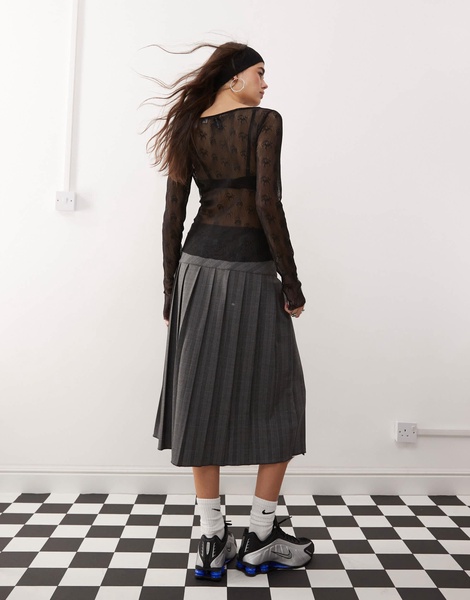 COLLUSION long sleeve branded lace sheer top in black